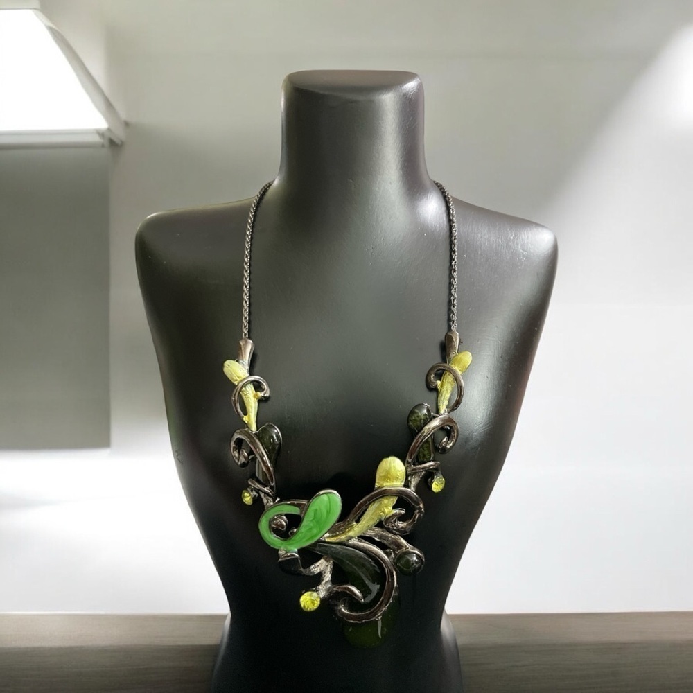 Black tone Green Enamel Necklace